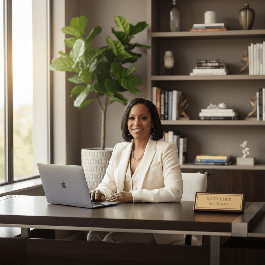 Jonell Mathis at her desk in a luxurious office, representing Quick Click Assistant.